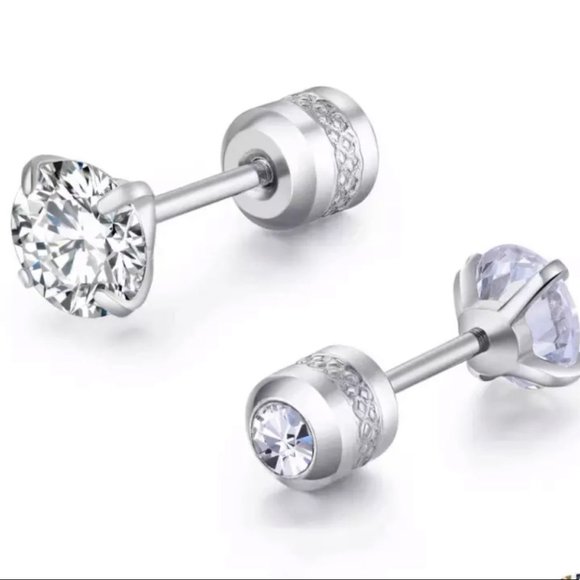 Diamond stud screw on earrings 6mm Hypoallergenic Cubic Zirconia Stainless Steel - Picture 6 of 7